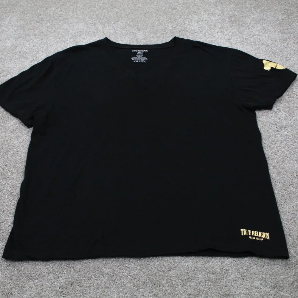 True Religion Shirt Mens Large Black V-Neck 100%‎ Cotton Short Sleeve Pullover